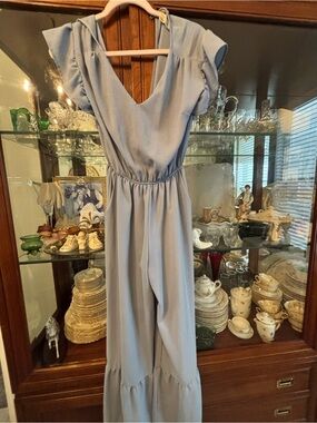 Light Blue V-Neck Wide Leg Jumpsuit